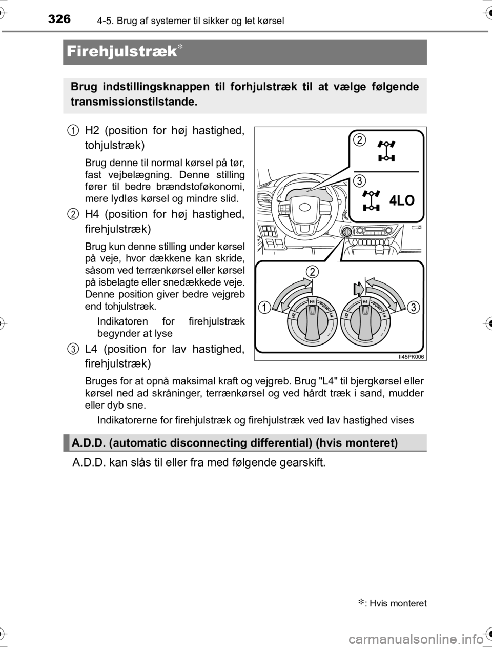 TOYOTA HILUX 2016 Brugsanvisning (in Danish) 3264-5. Brug af systemer til sikker og let kørsel
OM0K269DK
Firehjulstræk∗
H2 (position for høj hastighed,
tohjulstræk)
Brug denne til normal kørsel på tør,
fast vejbelægning. Denne stilling TOYOTA HILUX 2016 Brugsanvisning (in Danish) 3264-5. Brug af systemer til sikker og let kørsel
OM0K269DK
Firehjulstræk∗
H2 (position for høj hastighed,
tohjulstræk)
Brug denne til normal kørsel på tør,
fast vejbelægning. Denne stilling