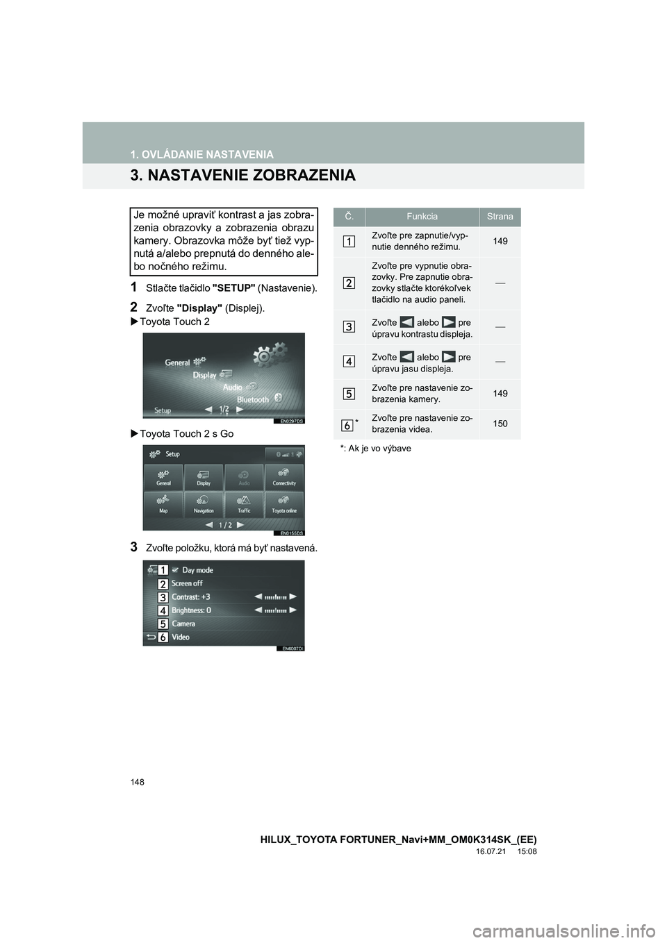 TOYOTA HILUX 2017  Návod na použitie (in Slovakian) 148
1. OVLÁDANIE NASTAVENIA
HILUX_TOYOTA FORTUNER_Navi+MM_OM0K314SK_(EE)
16.07.21     15:08
3. NASTAVENIE ZOBRAZENIA
1Stlačte tlačidlo "SETUP" (Nastavenie).
2Zvoľte "Display" (Displej). 
 Toyot