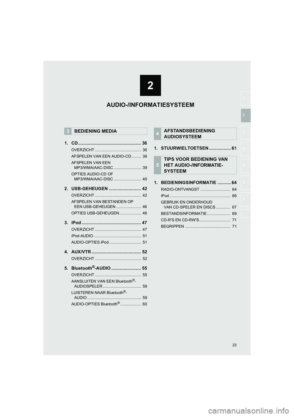 TOYOTA HILUX 2017  Instructieboekje (in Dutch) 2
23
HILUX_TOYOTA FORTUNER_Navi+MM_OM0K314E_(EE)
16.08.12     09:35
1
2
3
4
5
6
7
1. CD................................................... 36
OVERZICHT ..........................................  36
A