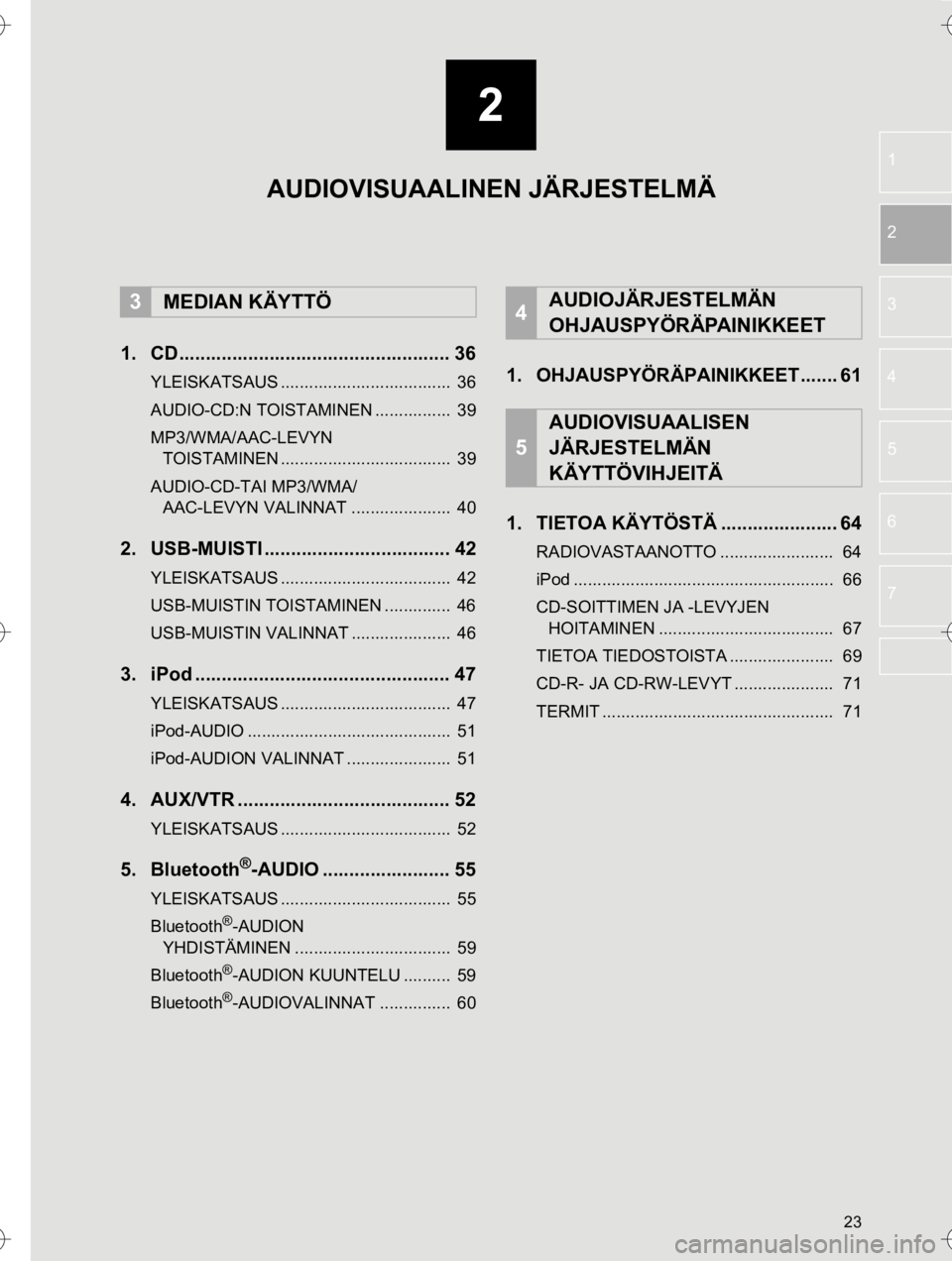 TOYOTA HILUX 2017  Omistajan Käsikirja (in Finnish) 2
23
OM0K314FI
1
2
3
4
5
6
7
1. CD................................................... 36
YLEISKATSAUS ....................................  36
AUDIO-CD:N TOISTAMINEN ................  39
MP3/WMA/AAC-L
