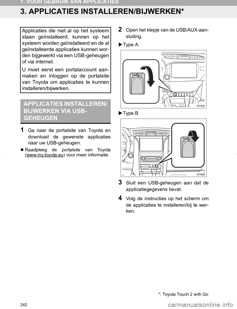 TOYOTA HILUX 2020 Instructieboekje (in Dutch) 242
1. VÓÓR GEBRUIK VAN APPLICATIES
HILUX_TOYOTA FORTUNER_Navi+MM_OM0K359E_(EE)
17.05.29 09:37
3. APPLICATIES INSTALLEREN/BIJWERKEN*
1Ga naar de portalsite van Toyota en
download de gewe TOYOTA HILUX 2020 Instructieboekje (in Dutch) 242
1. VÓÓR GEBRUIK VAN APPLICATIES
HILUX_TOYOTA FORTUNER_Navi+MM_OM0K359E_(EE)
17.05.29 09:37
3. APPLICATIES INSTALLEREN/BIJWERKEN*
1Ga naar de portalsite van Toyota en
download de gewe