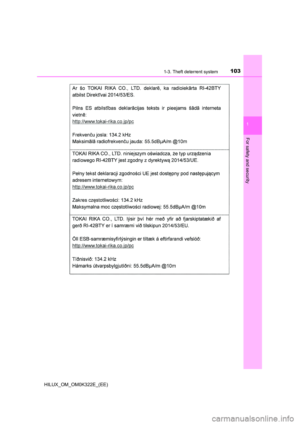 TOYOTA HILUX 2017  Owners Manual (in English) 1031-3. Theft deterrent system
1
HILUX_OM_OM0K322E_(EE)
For safety and security 