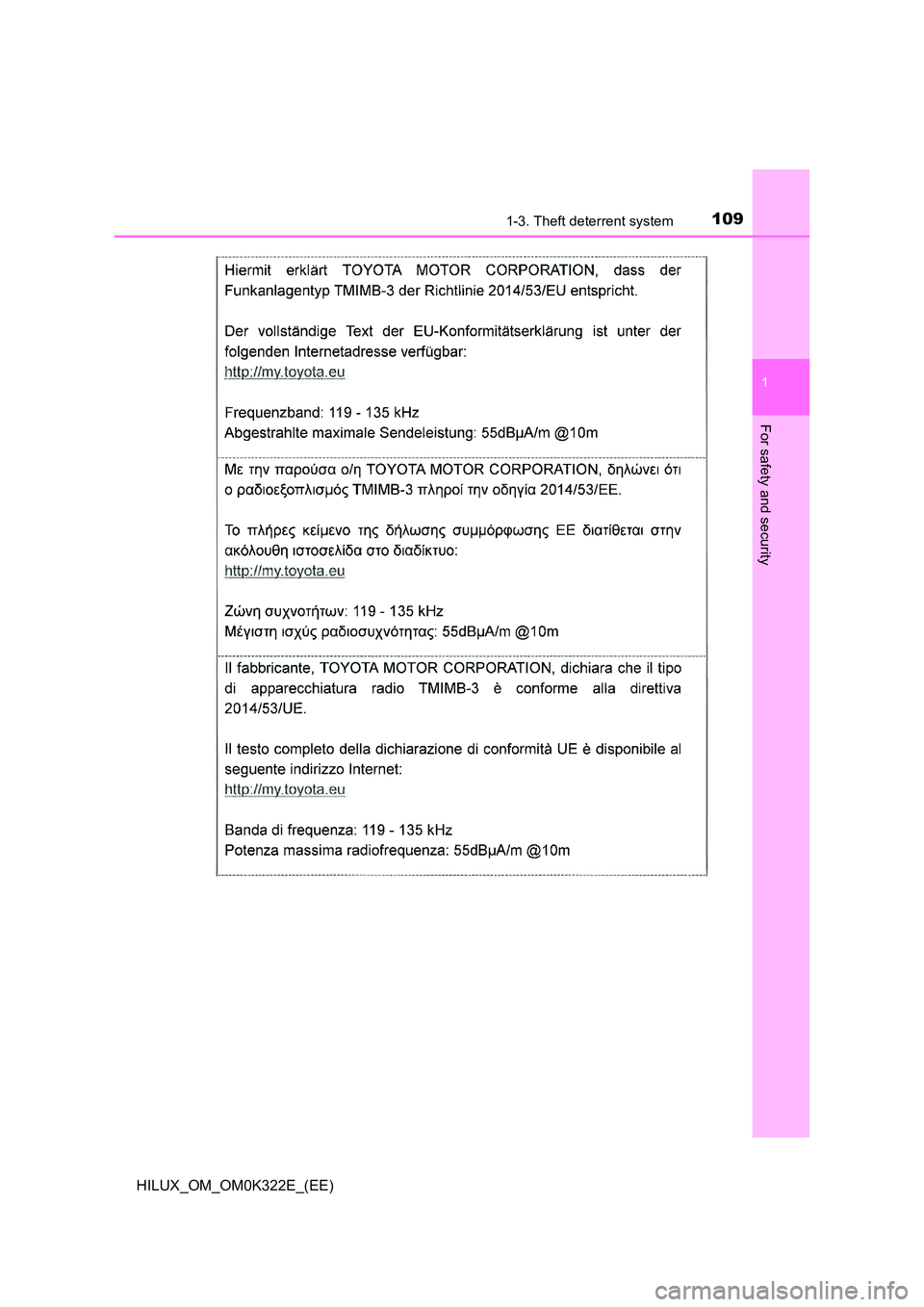 TOYOTA HILUX 2017  Owners Manual (in English) 1091-3. Theft deterrent system
1
HILUX_OM_OM0K322E_(EE)
For safety and security 
