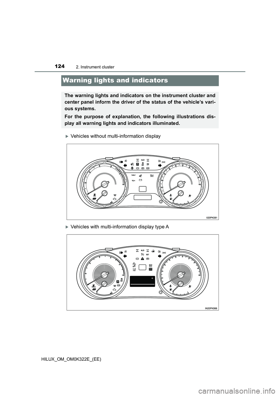 TOYOTA HILUX 2017  Owners Manual (in English) 1242. Instrument cluster
HILUX_OM_OM0K322E_(EE)
Warning lights and indicators
Vehicles without multi-information display
Vehicles with multi-information display type A
The warning lights and ind