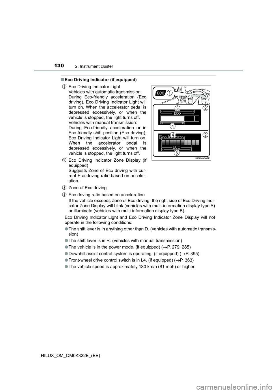 TOYOTA HILUX 2017 Owners Manual (in English) 1302. Instrument cluster
HILUX_OM_OM0K322E_(EE)
■Eco Driving Indicator (if equipped)
If the vehicle exceeds Zone of Eco driving, the right side of Eco Driving Indi-
cator Zone Display will blink ( TOYOTA HILUX 2017 Owners Manual (in English) 1302. Instrument cluster
HILUX_OM_OM0K322E_(EE)
■Eco Driving Indicator (if equipped)
If the vehicle exceeds Zone of Eco driving, the right side of Eco Driving Indi-
cator Zone Display will blink (