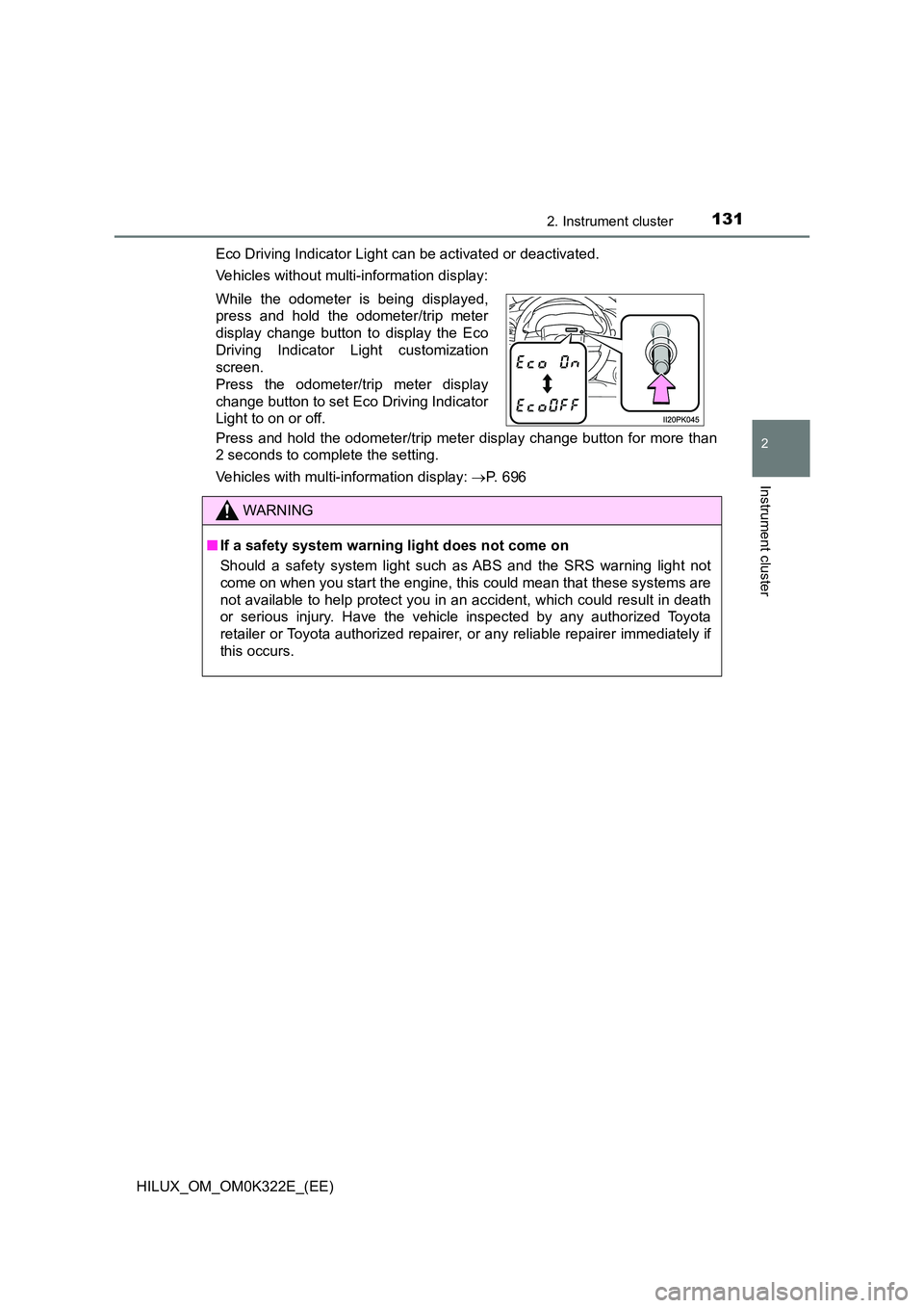 TOYOTA HILUX 2017 Owners Manual (in English) 1312. Instrument cluster
2
Instrument cluster
HILUX_OM_OM0K322E_(EE)
Eco Driving Indicator Light can be activated or deactivated.
Vehicles without multi-information display:
Press and hold the odom TOYOTA HILUX 2017 Owners Manual (in English) 1312. Instrument cluster
2
Instrument cluster
HILUX_OM_OM0K322E_(EE)
Eco Driving Indicator Light can be activated or deactivated.
Vehicles without multi-information display:
Press and hold the odom