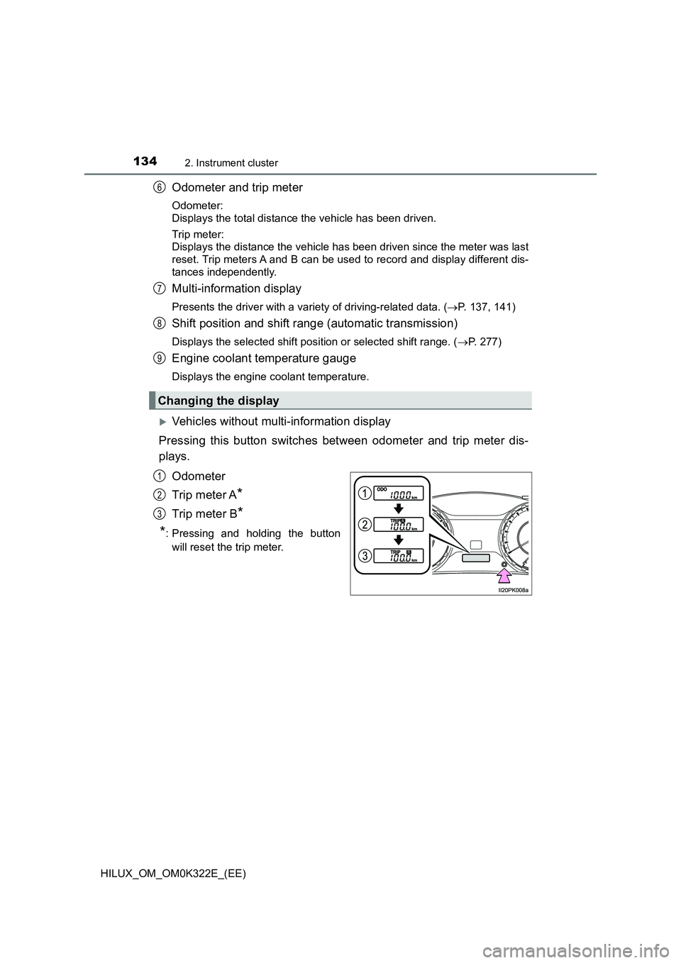 TOYOTA HILUX 2017  Owners Manual (in English) 1342. Instrument cluster
HILUX_OM_OM0K322E_(EE)
Odometer and trip meter
Odometer:  
Displays the total distance the vehicle has been driven. 
Trip meter:  
Displays the distance the vehicle has been d