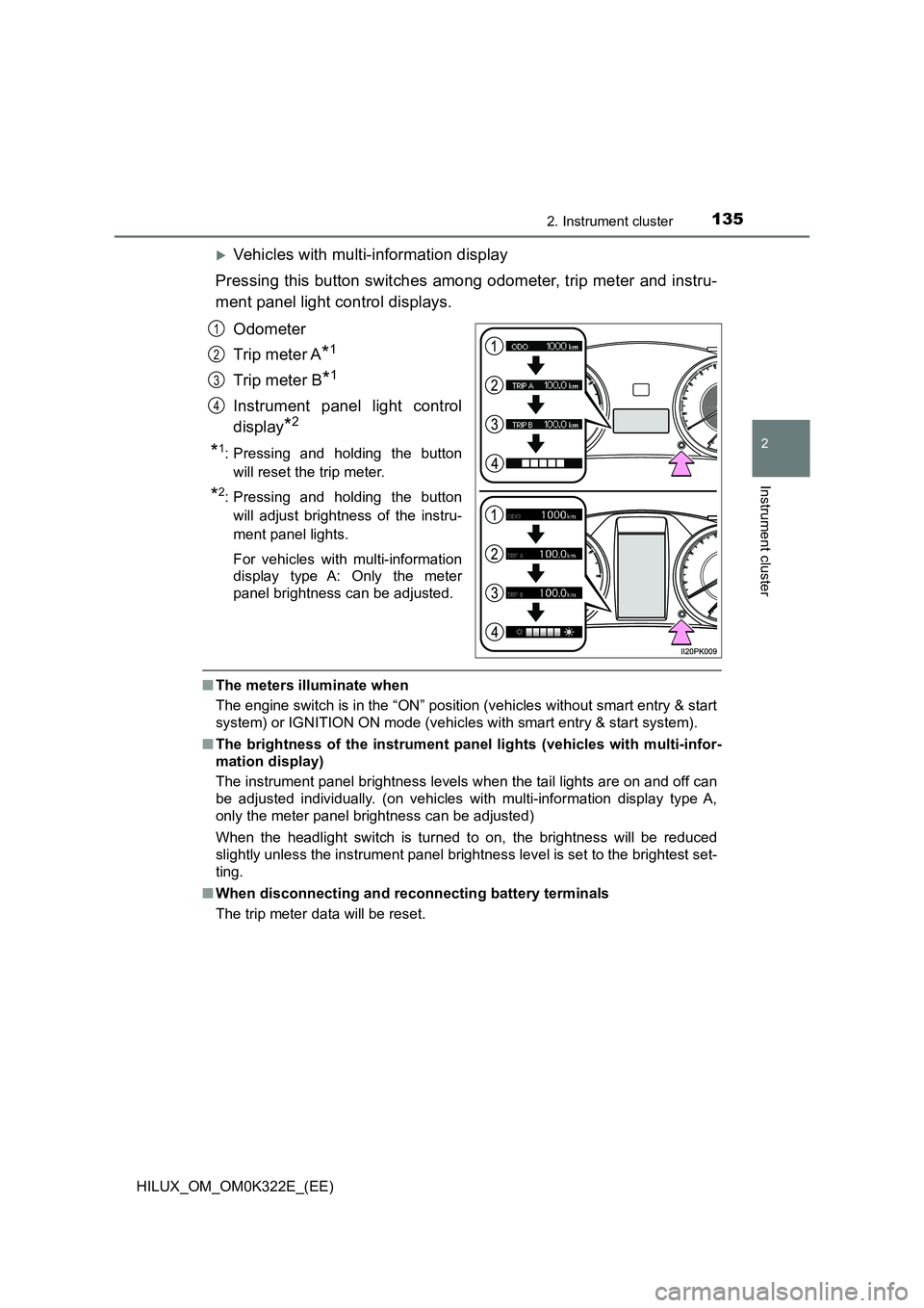 TOYOTA HILUX 2017 Owners Manual (in English) 1352. Instrument cluster
2
Instrument cluster
HILUX_OM_OM0K322E_(EE)
Vehicles with multi-information display
Pressing this button switches among odometer, trip meter and instru-
ment panel light TOYOTA HILUX 2017 Owners Manual (in English) 1352. Instrument cluster
2
Instrument cluster
HILUX_OM_OM0K322E_(EE)
Vehicles with multi-information display
Pressing this button switches among odometer, trip meter and instru-
ment panel light