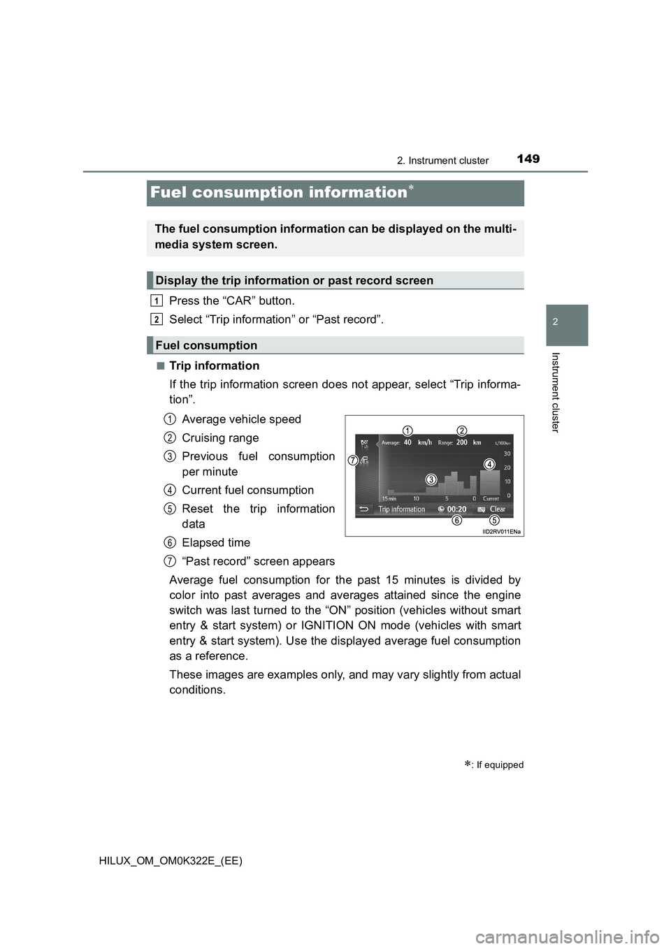 TOYOTA HILUX 2017 Owners Manual (in English) 149
2
2. Instrument cluster
Instrument cluster
HILUX_OM_OM0K322E_(EE)
Fuel consumption information
Press the “CAR” button.
Select “Trip information” or “Past record”.
■Trip informati TOYOTA HILUX 2017 Owners Manual (in English) 149
2
2. Instrument cluster
Instrument cluster
HILUX_OM_OM0K322E_(EE)
Fuel consumption information
Press the “CAR” button.
Select “Trip information” or “Past record”.
■Trip informati