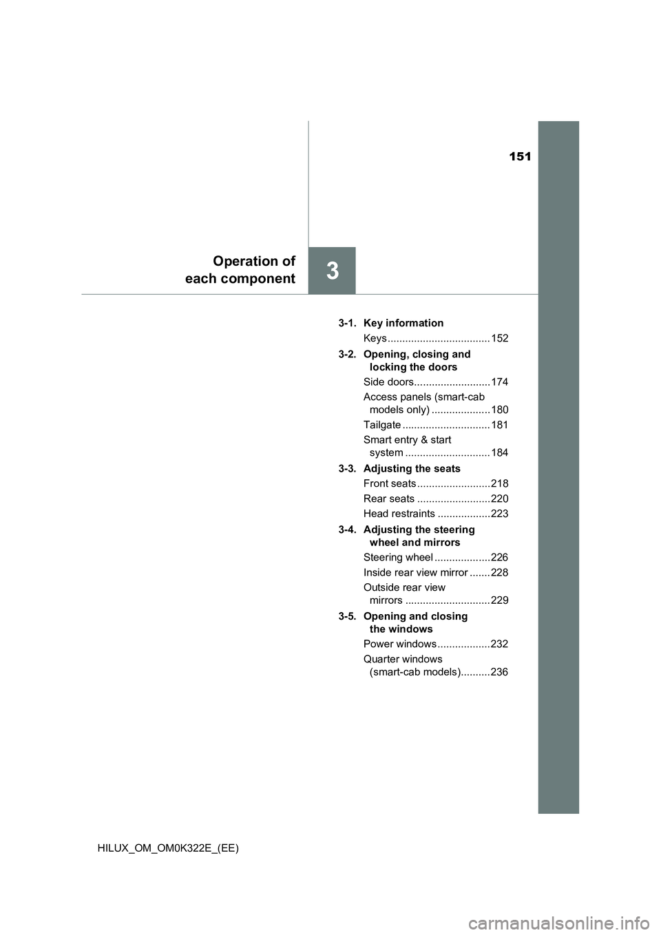 TOYOTA HILUX 2017  Owners Manual (in English) 151
3
Operation of 
each component
HILUX_OM_OM0K322E_(EE) 
3-1. Key information 
Keys ................................... 152 
3-2. Opening, closing and  
locking the doors 
Side doors................