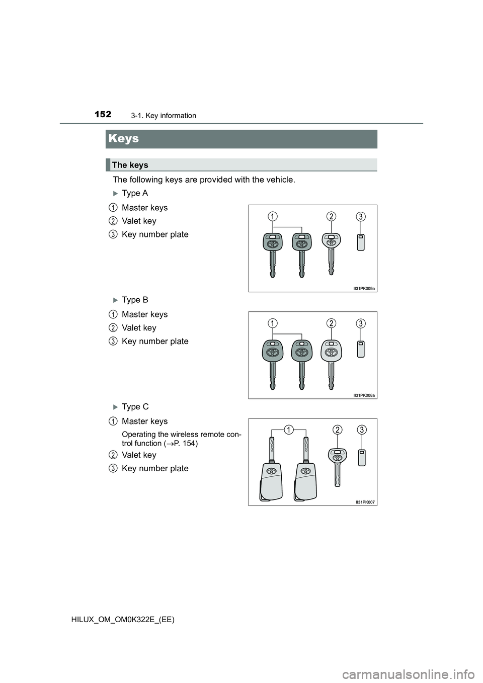 TOYOTA HILUX 2017  Owners Manual (in English) 1523-1. Key information
HILUX_OM_OM0K322E_(EE)
Keys
The following keys are provided with the vehicle.
Ty pe  A 
Master keys 
Va l e t  k e y 
Key number plate
Ty pe  B 
Master keys 
Va l e t  k 