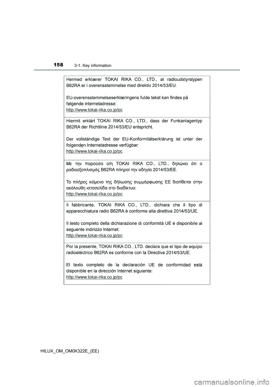 TOYOTA HILUX 2017  Owners Manual (in English) 1583-1. Key information
HILUX_OM_OM0K322E_(EE) 