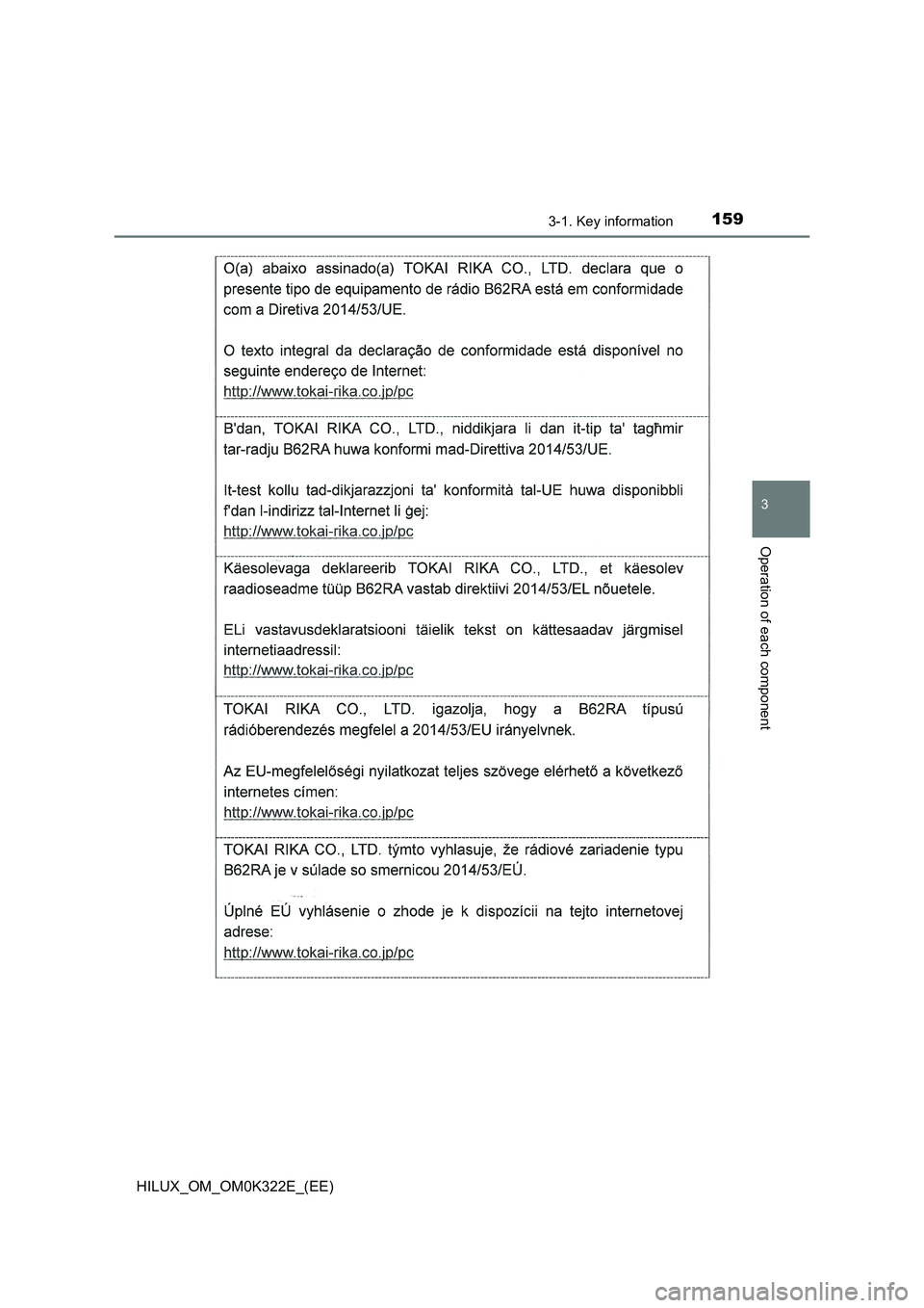 TOYOTA HILUX 2017  Owners Manual (in English) 1593-1. Key information
3
Operation of each component
HILUX_OM_OM0K322E_(EE) 