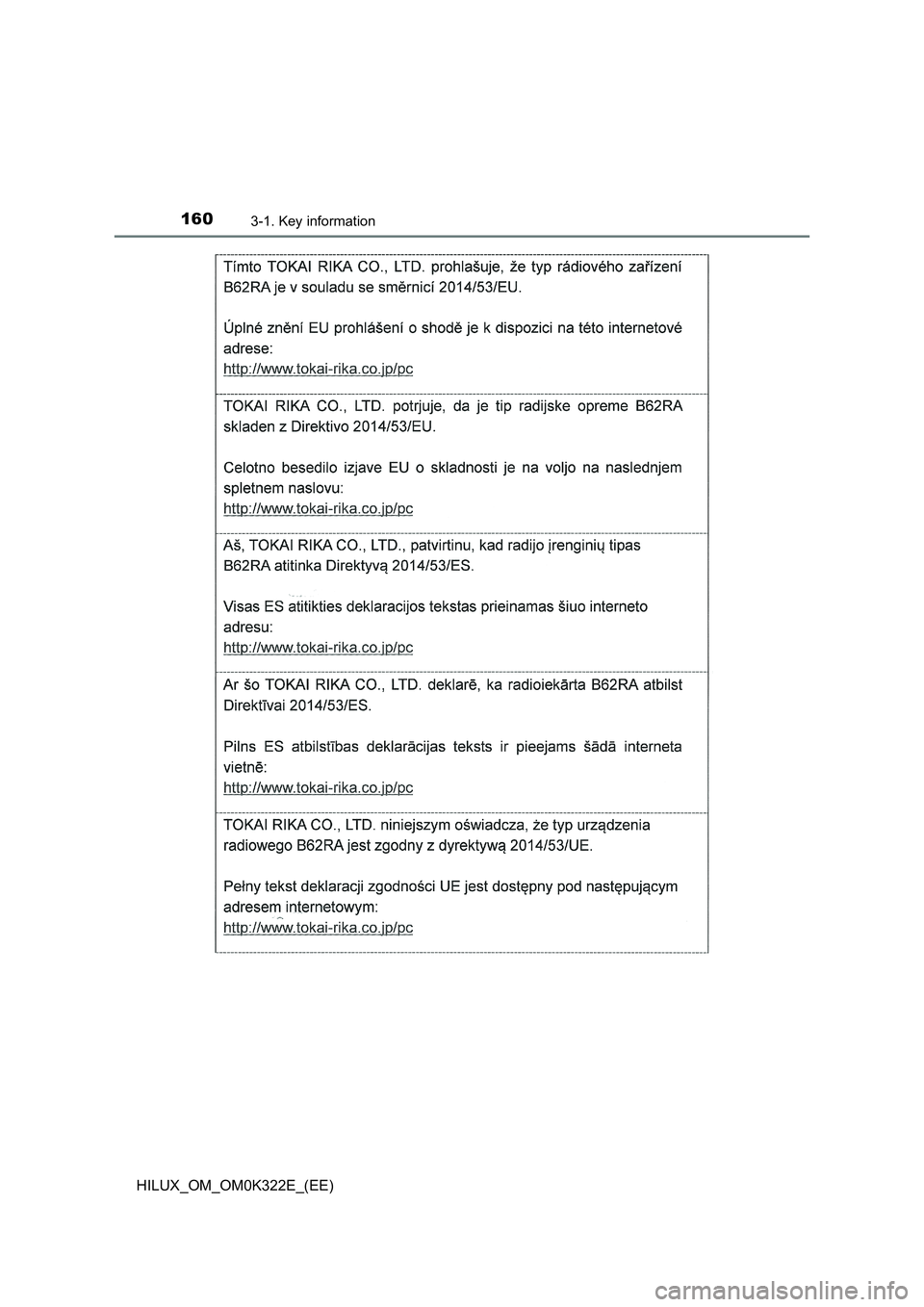 TOYOTA HILUX 2017  Owners Manual (in English) 1603-1. Key information
HILUX_OM_OM0K322E_(EE) 