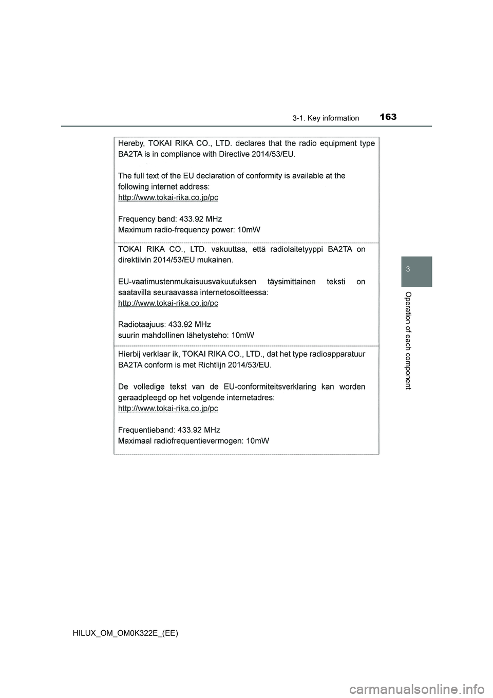 TOYOTA HILUX 2017  Owners Manual (in English) 1633-1. Key information
3
Operation of each component
HILUX_OM_OM0K322E_(EE) 