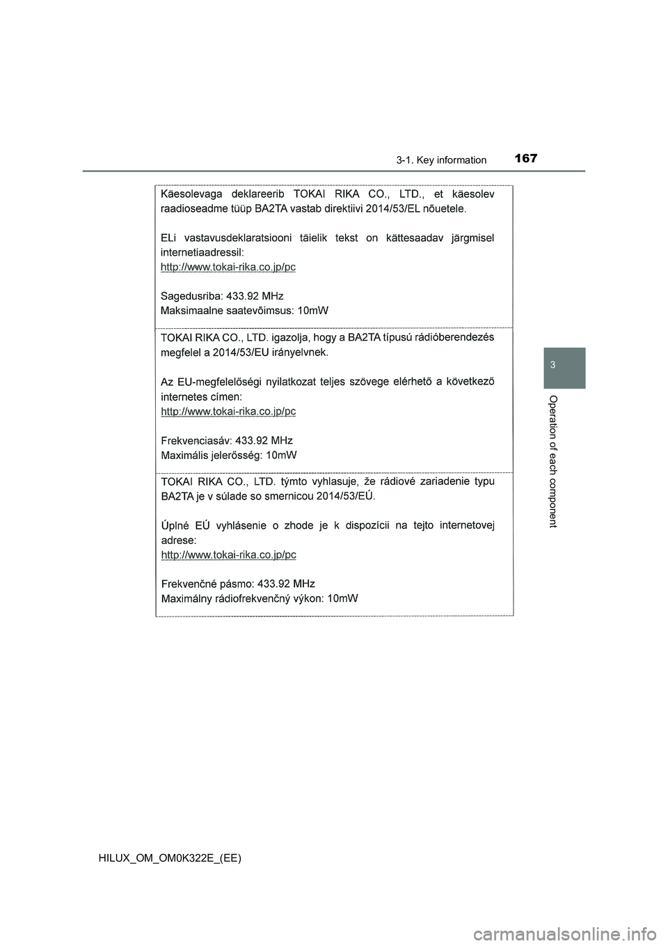 TOYOTA HILUX 2017  Owners Manual (in English) 1673-1. Key information
3
Operation of each component
HILUX_OM_OM0K322E_(EE) 