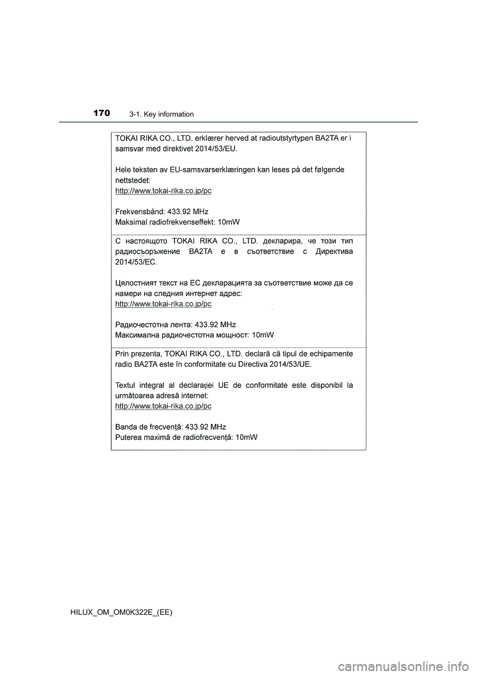 TOYOTA HILUX 2017  Owners Manual (in English) 1703-1. Key information
HILUX_OM_OM0K322E_(EE) 