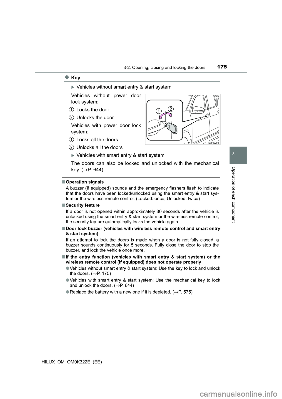 TOYOTA HILUX 2017  Owners Manual (in English) 1753-2. Opening, closing and locking the doors
3
Operation of each component
HILUX_OM_OM0K322E_(EE)
◆Key
Vehicles without smart entry & start system 
Vehicles without power door 
lock system: 
Lo