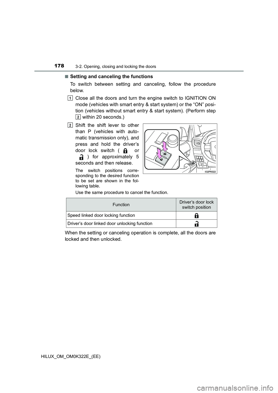 TOYOTA HILUX 2017  Owners Manual (in English) 1783-2. Opening, closing and locking the doors
HILUX_OM_OM0K322E_(EE) 
■Setting and canceling the functions 
To switch between setting and canceling, follow the procedure 
below. 
Close all the door