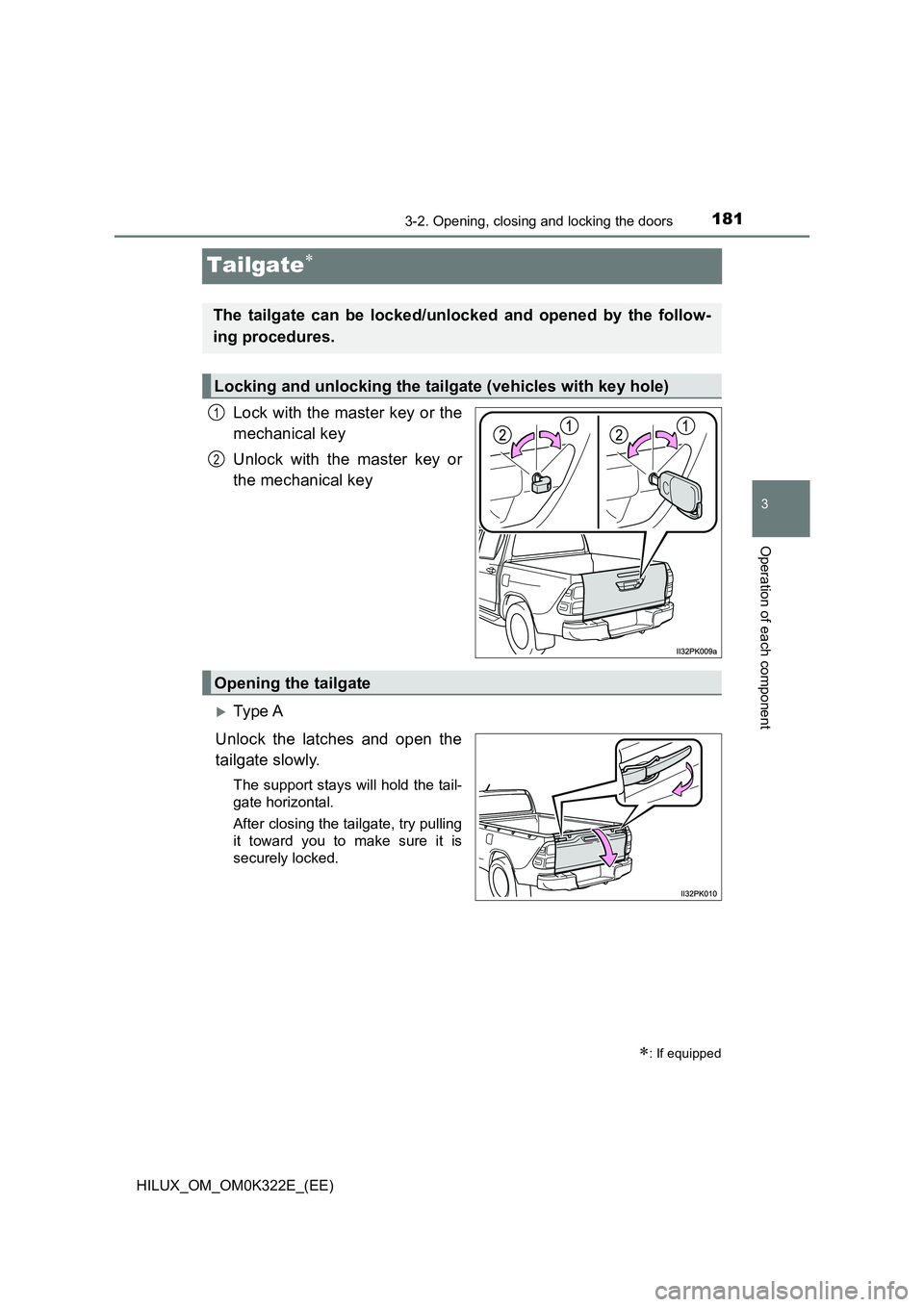TOYOTA HILUX 2017  Owners Manual (in English) 181
3
3-2. Opening, closing and locking the doors
Operation of each component
HILUX_OM_OM0K322E_(EE)
Tailgate
Lock with the master key or the 
mechanical key 
Unlock with the master key or 
the mec