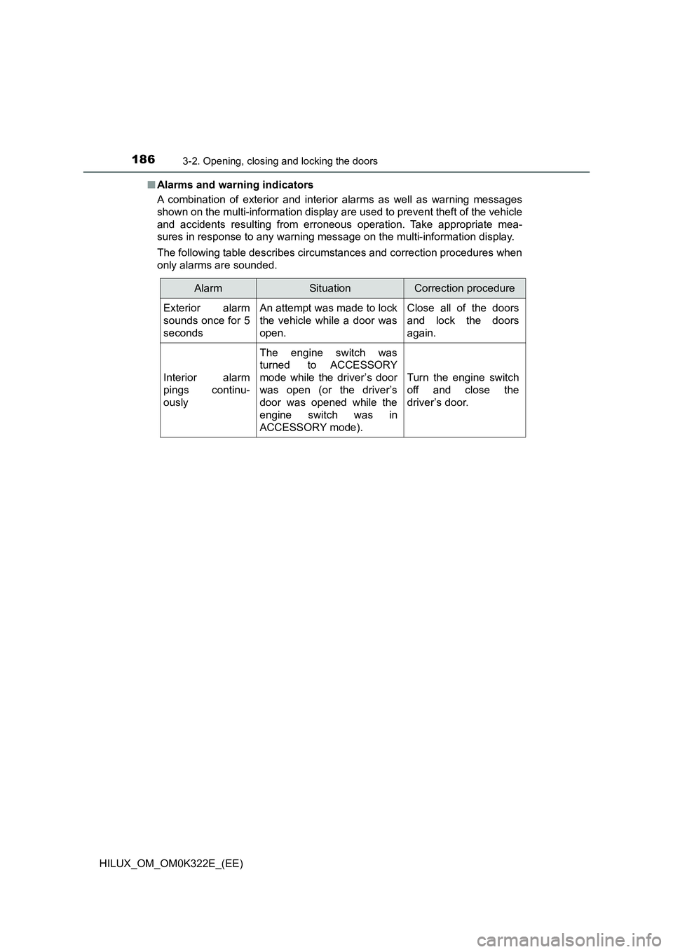 TOYOTA HILUX 2017  Owners Manual (in English) 1863-2. Opening, closing and locking the doors
HILUX_OM_OM0K322E_(EE) 
■ Alarms and warning indicators 
A combination of exterior and interior alarms as well as warning messages 
shown on the multi-