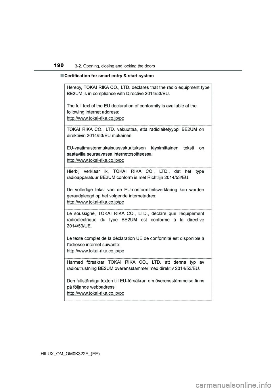 TOYOTA HILUX 2017  Owners Manual (in English) 1903-2. Opening, closing and locking the doors
HILUX_OM_OM0K322E_(EE) 
■ Certification for smart entry & start system 