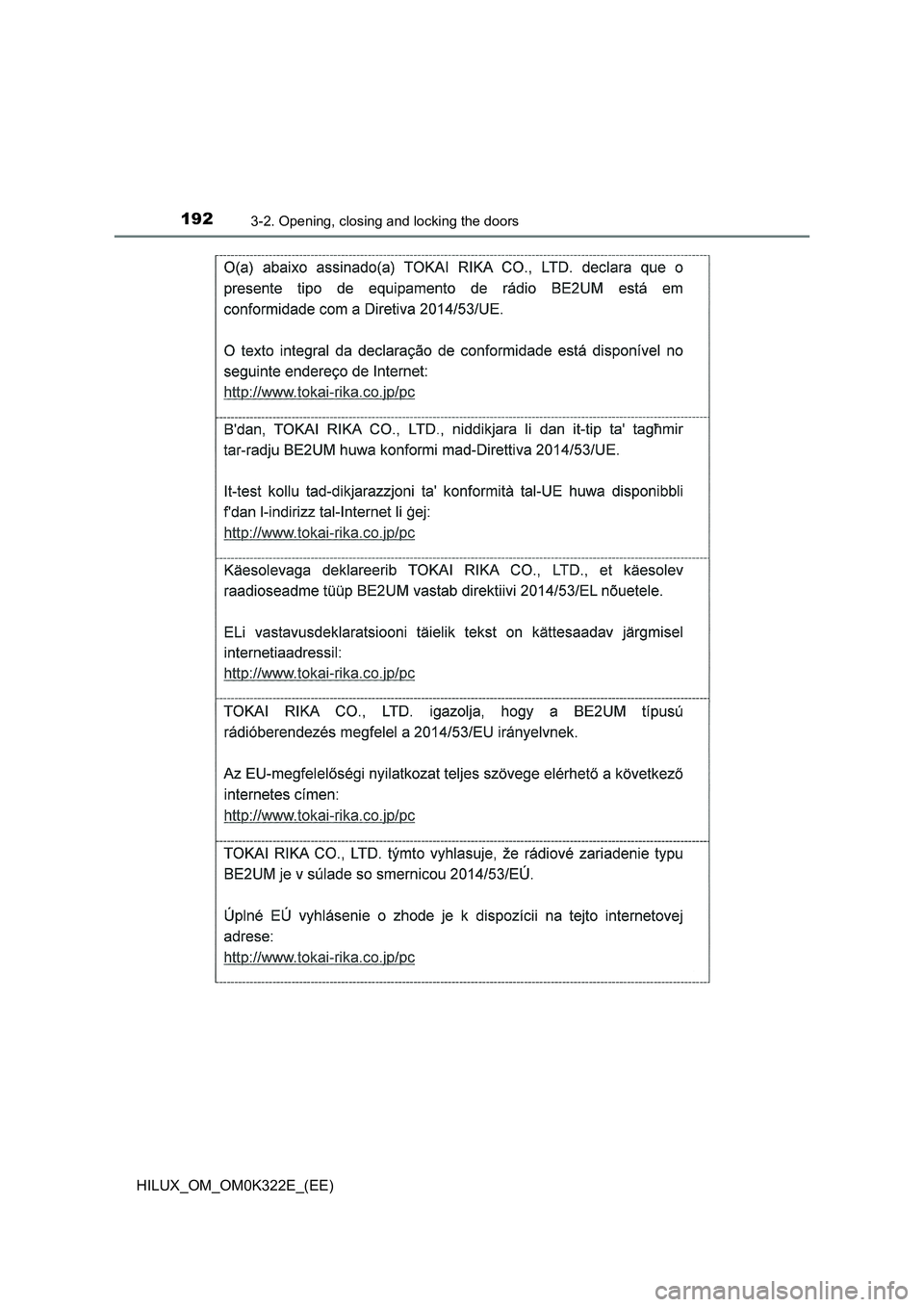 TOYOTA HILUX 2017  Owners Manual (in English) 1923-2. Opening, closing and locking the doors
HILUX_OM_OM0K322E_(EE) 