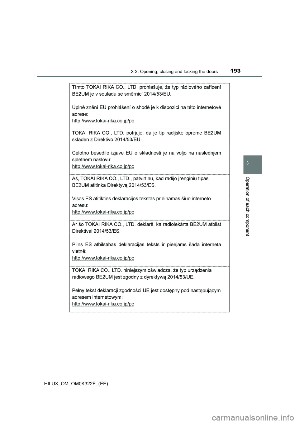 TOYOTA HILUX 2017  Owners Manual (in English) 1933-2. Opening, closing and locking the doors
3
Operation of each component
HILUX_OM_OM0K322E_(EE) 