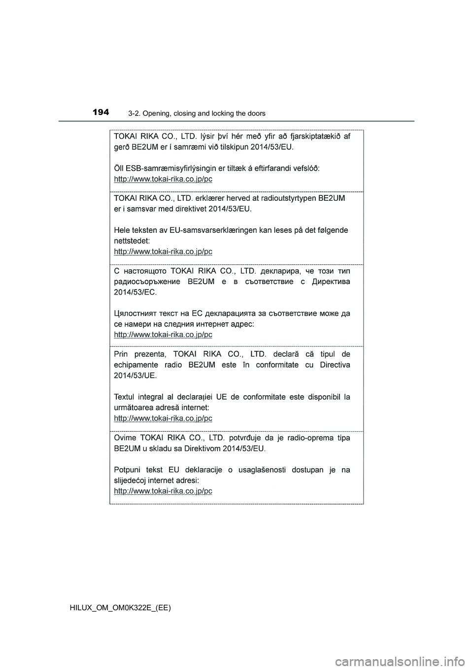 TOYOTA HILUX 2017  Owners Manual (in English) 1943-2. Opening, closing and locking the doors
HILUX_OM_OM0K322E_(EE) 