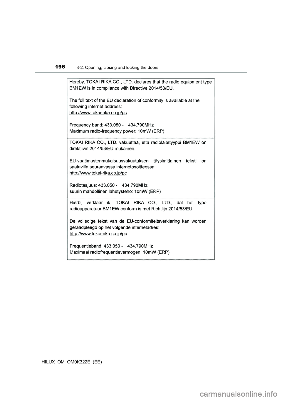 TOYOTA HILUX 2017  Owners Manual (in English) 1963-2. Opening, closing and locking the doors
HILUX_OM_OM0K322E_(EE) 