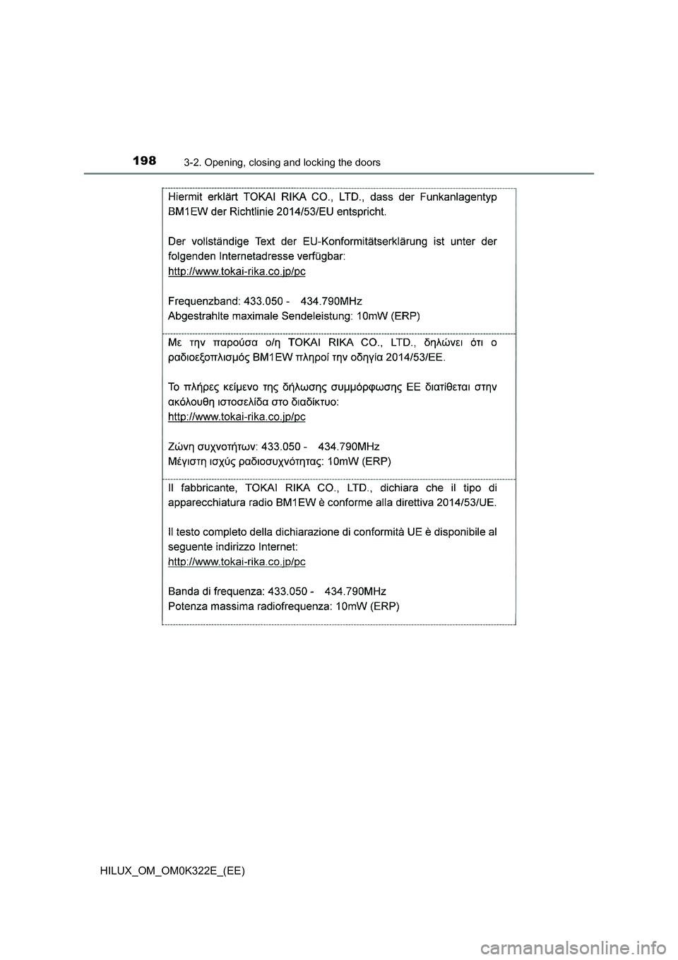 TOYOTA HILUX 2017  Owners Manual (in English) 1983-2. Opening, closing and locking the doors
HILUX_OM_OM0K322E_(EE) 