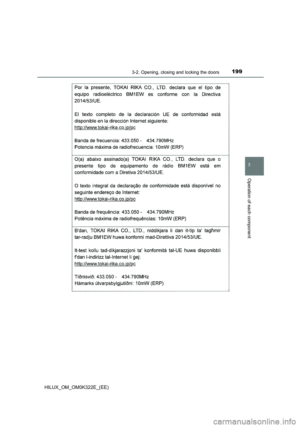 TOYOTA HILUX 2017  Owners Manual (in English) 1993-2. Opening, closing and locking the doors
3
Operation of each component
HILUX_OM_OM0K322E_(EE) 
