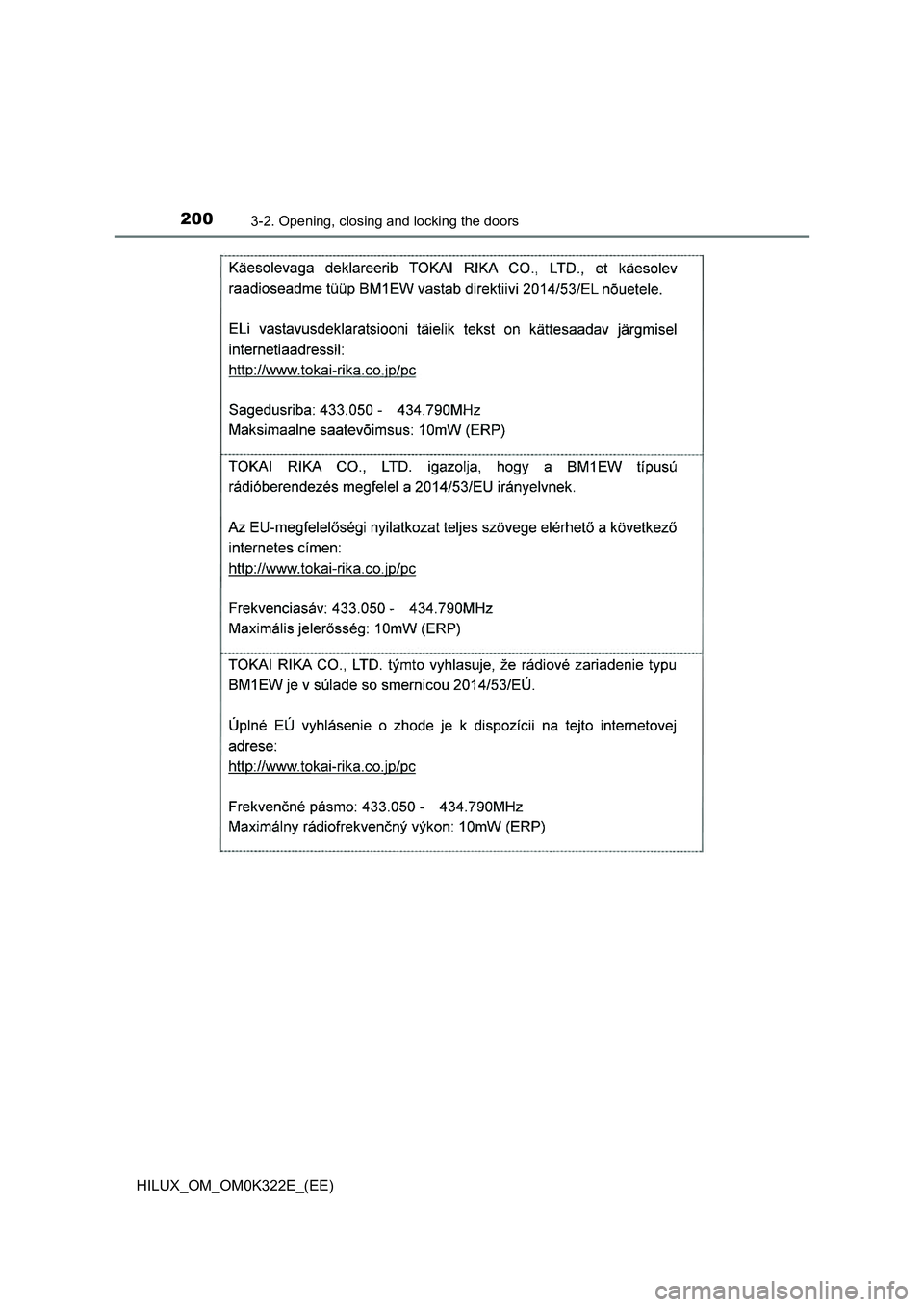 TOYOTA HILUX 2017  Owners Manual (in English) 2003-2. Opening, closing and locking the doors
HILUX_OM_OM0K322E_(EE) 