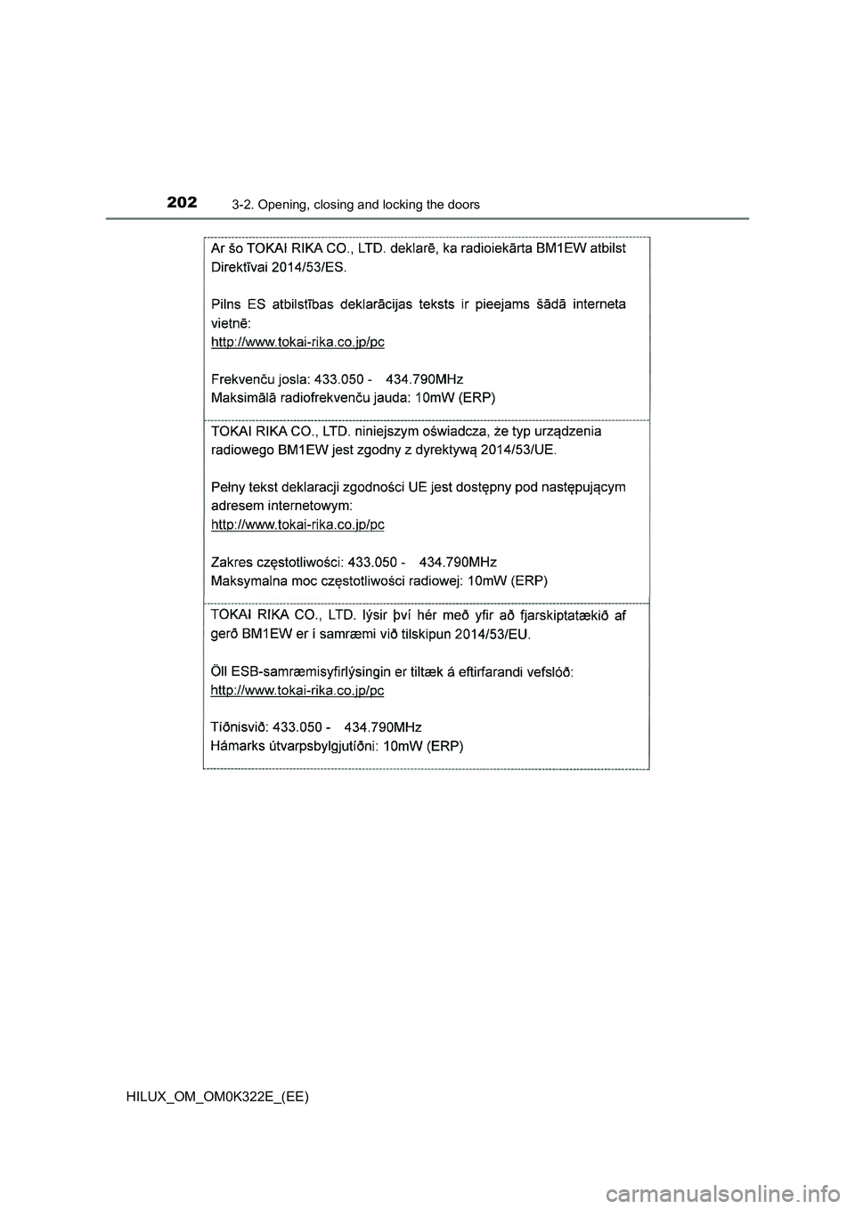 TOYOTA HILUX 2017  Owners Manual (in English) 2023-2. Opening, closing and locking the doors
HILUX_OM_OM0K322E_(EE) 