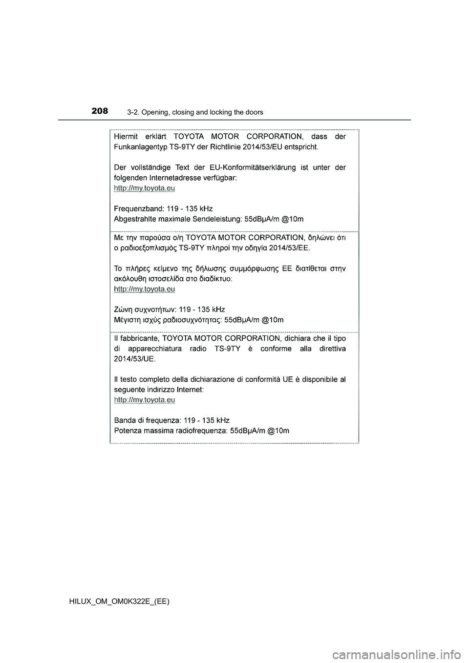 TOYOTA HILUX 2017  Owners Manual (in English) 2083-2. Opening, closing and locking the doors
HILUX_OM_OM0K322E_(EE) 
