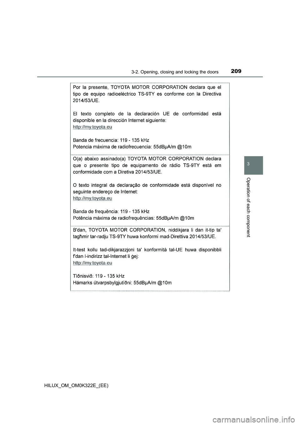 TOYOTA HILUX 2017  Owners Manual (in English) 2093-2. Opening, closing and locking the doors
3
Operation of each component
HILUX_OM_OM0K322E_(EE) 