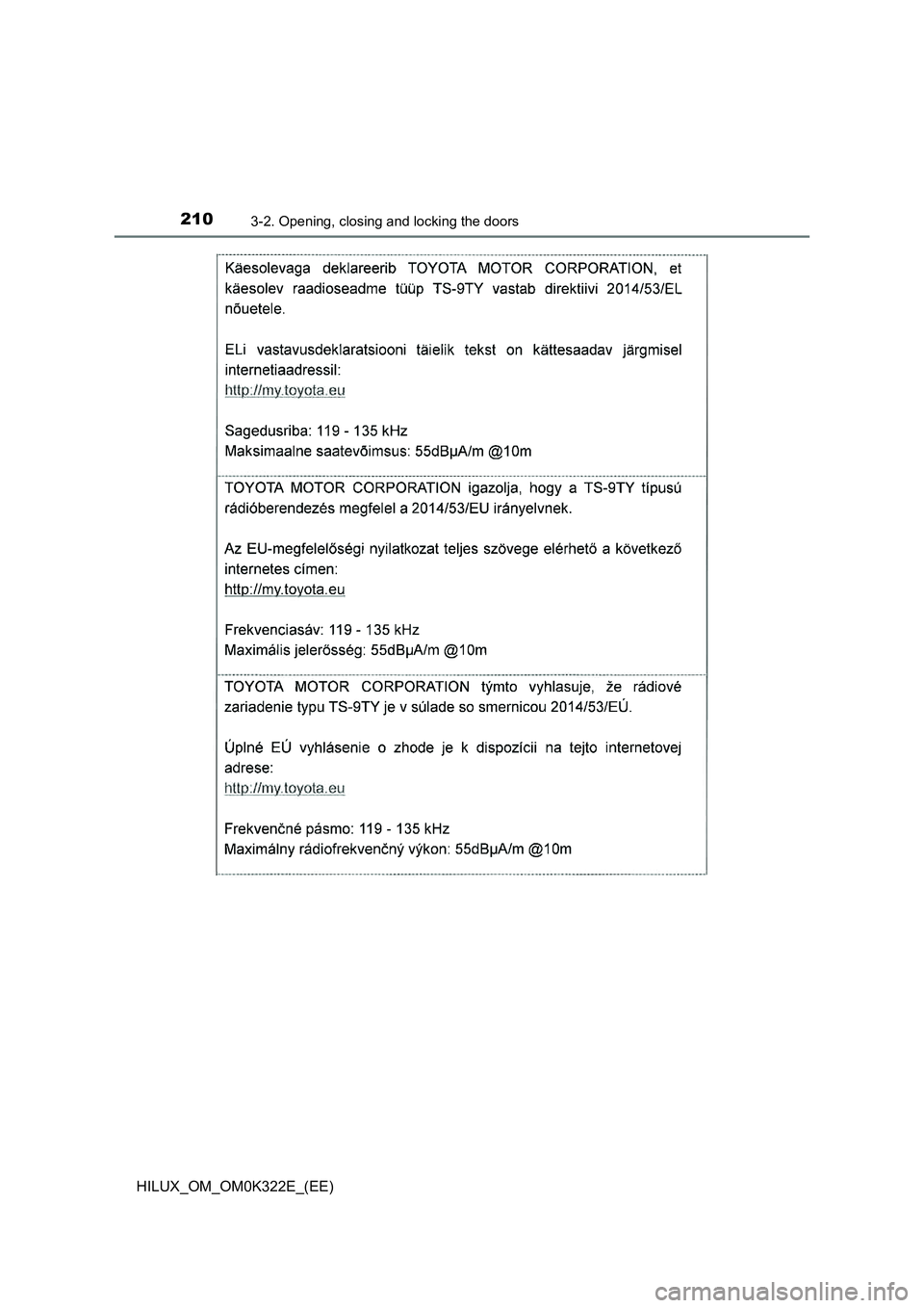 TOYOTA HILUX 2017  Owners Manual (in English) 2103-2. Opening, closing and locking the doors
HILUX_OM_OM0K322E_(EE) 