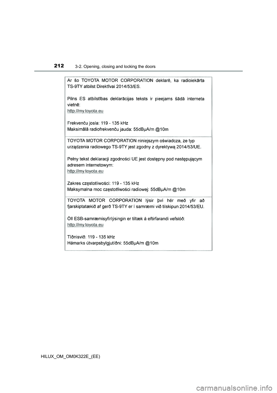 TOYOTA HILUX 2017  Owners Manual (in English) 2123-2. Opening, closing and locking the doors
HILUX_OM_OM0K322E_(EE) 