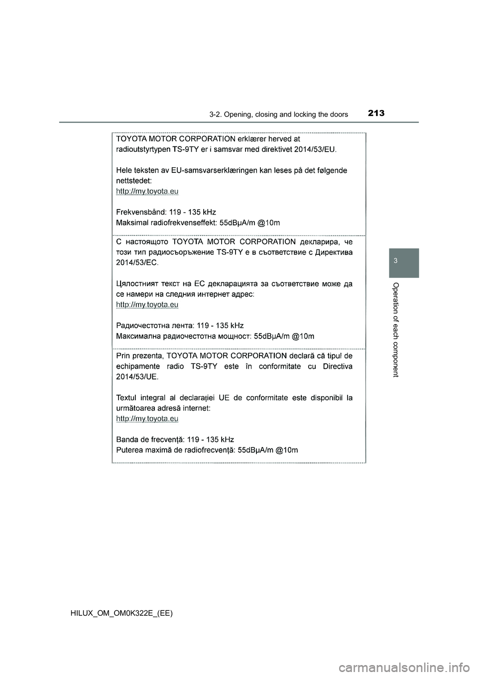 TOYOTA HILUX 2017  Owners Manual (in English) 2133-2. Opening, closing and locking the doors
3
Operation of each component
HILUX_OM_OM0K322E_(EE) 