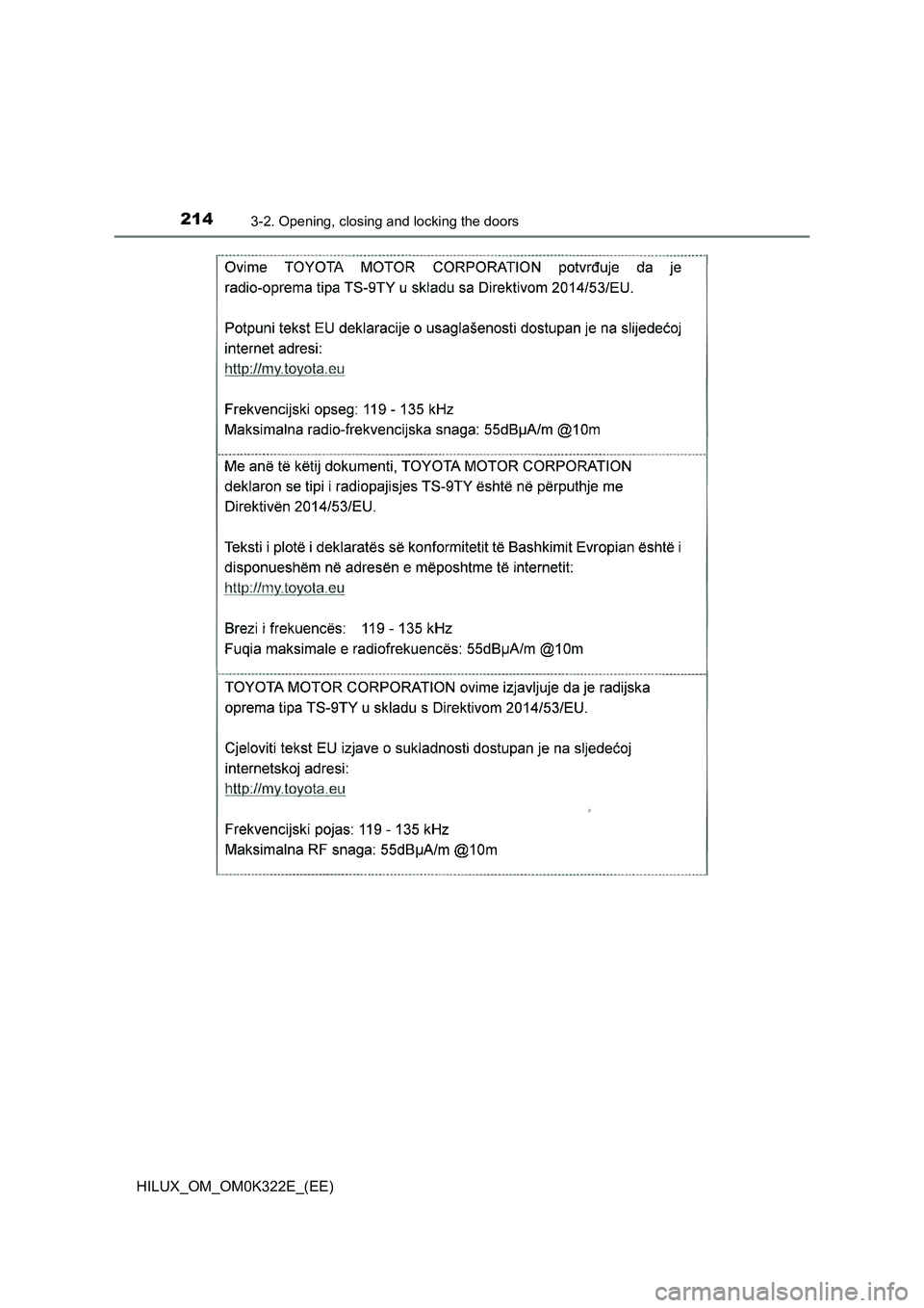 TOYOTA HILUX 2017  Owners Manual (in English) 2143-2. Opening, closing and locking the doors
HILUX_OM_OM0K322E_(EE) 