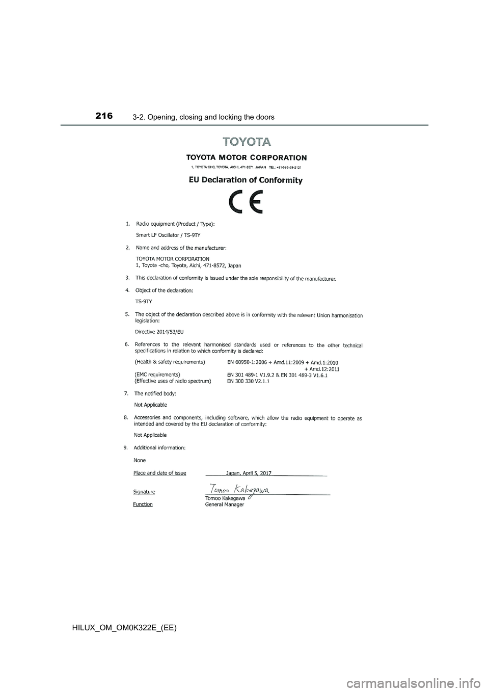 TOYOTA HILUX 2017  Owners Manual (in English) 2163-2. Opening, closing and locking the doors
HILUX_OM_OM0K322E_(EE) 