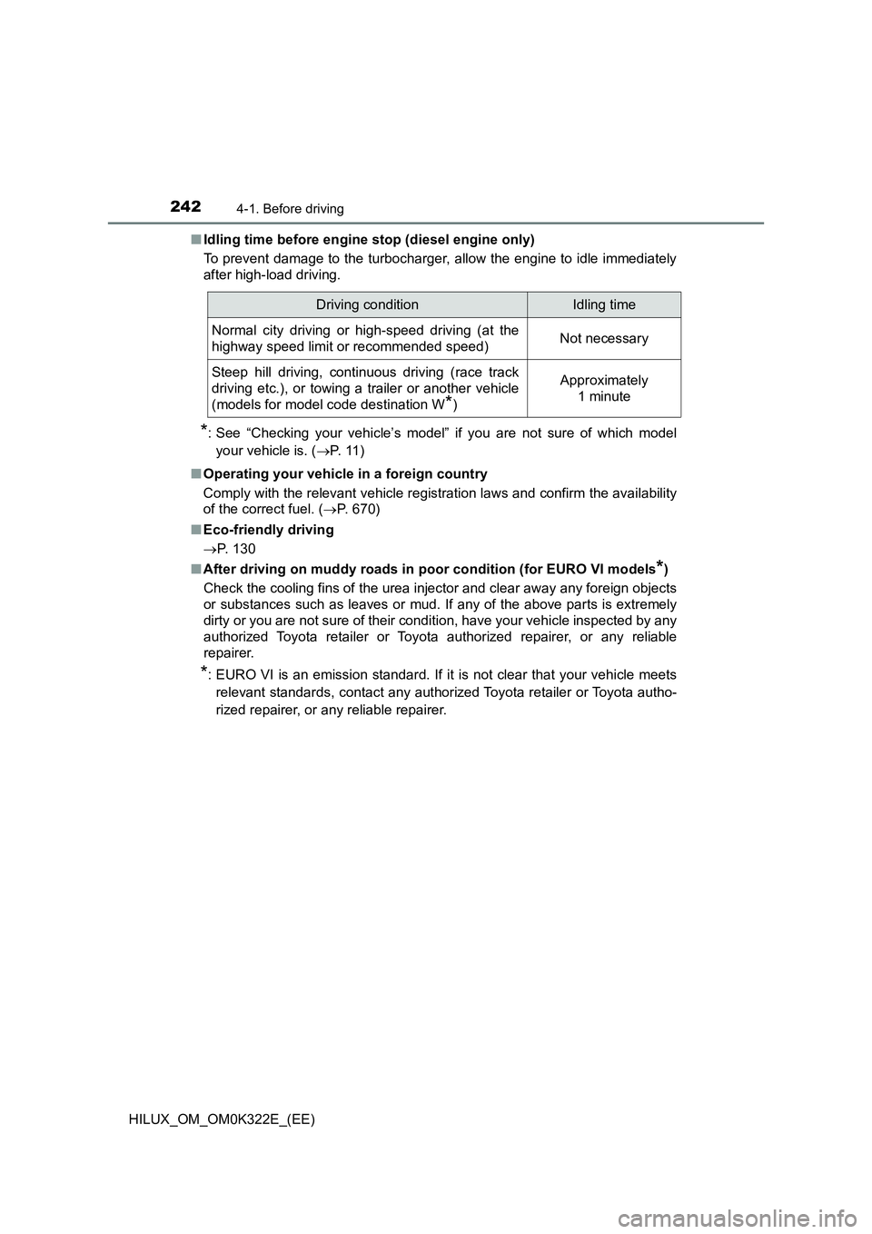 TOYOTA HILUX 2017 Owners Manual (in English) 2424-1. Before driving
HILUX_OM_OM0K322E_(EE)
■ Idling time before engine stop (diesel engine only)
To prevent damage to the turbocharger, allow the engine to idle immediately
after high-load dri TOYOTA HILUX 2017 Owners Manual (in English) 2424-1. Before driving
HILUX_OM_OM0K322E_(EE)
■ Idling time before engine stop (diesel engine only)
To prevent damage to the turbocharger, allow the engine to idle immediately
after high-load dri
