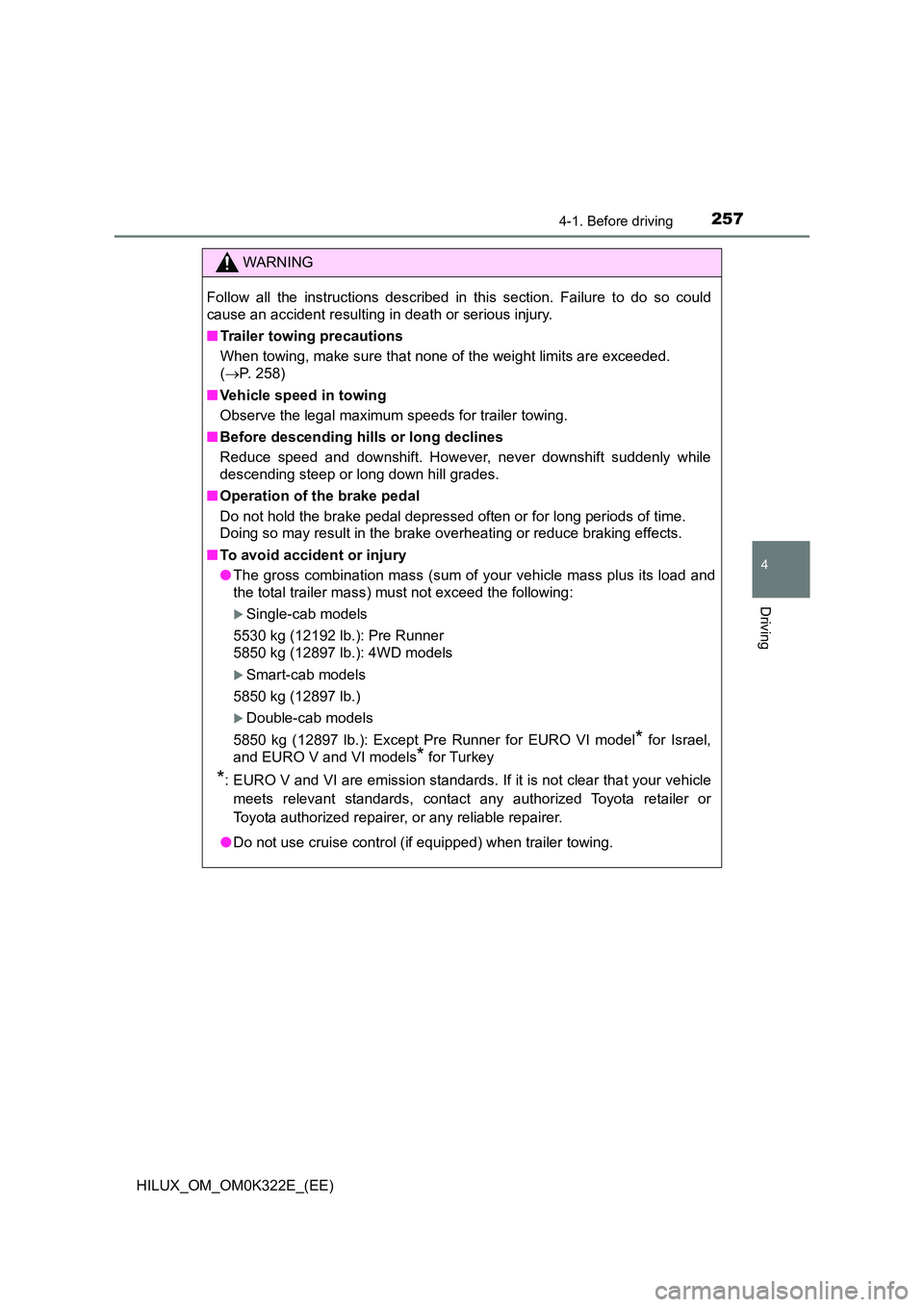 TOYOTA HILUX 2017 Owners Manual (in English) 2574-1. Before driving
4
Driving
HILUX_OM_OM0K322E_(EE)
WARNING
Follow all the instructions described in this section. Failure to do so could
cause an accident resulting in death or serious injury.
TOYOTA HILUX 2017 Owners Manual (in English) 2574-1. Before driving
4
Driving
HILUX_OM_OM0K322E_(EE)
WARNING
Follow all the instructions described in this section. Failure to do so could
cause an accident resulting in death or serious injury.