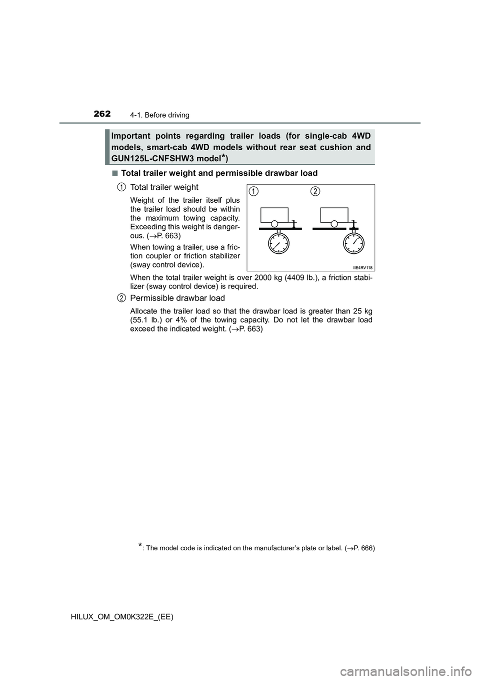 TOYOTA HILUX 2017  Owners Manual (in English) 2624-1. Before driving
HILUX_OM_OM0K322E_(EE) 
■Total trailer weight and permissible drawbar load 
Total trailer weight
Weight of the trailer itself plus 
the trailer load should be within
the maxim