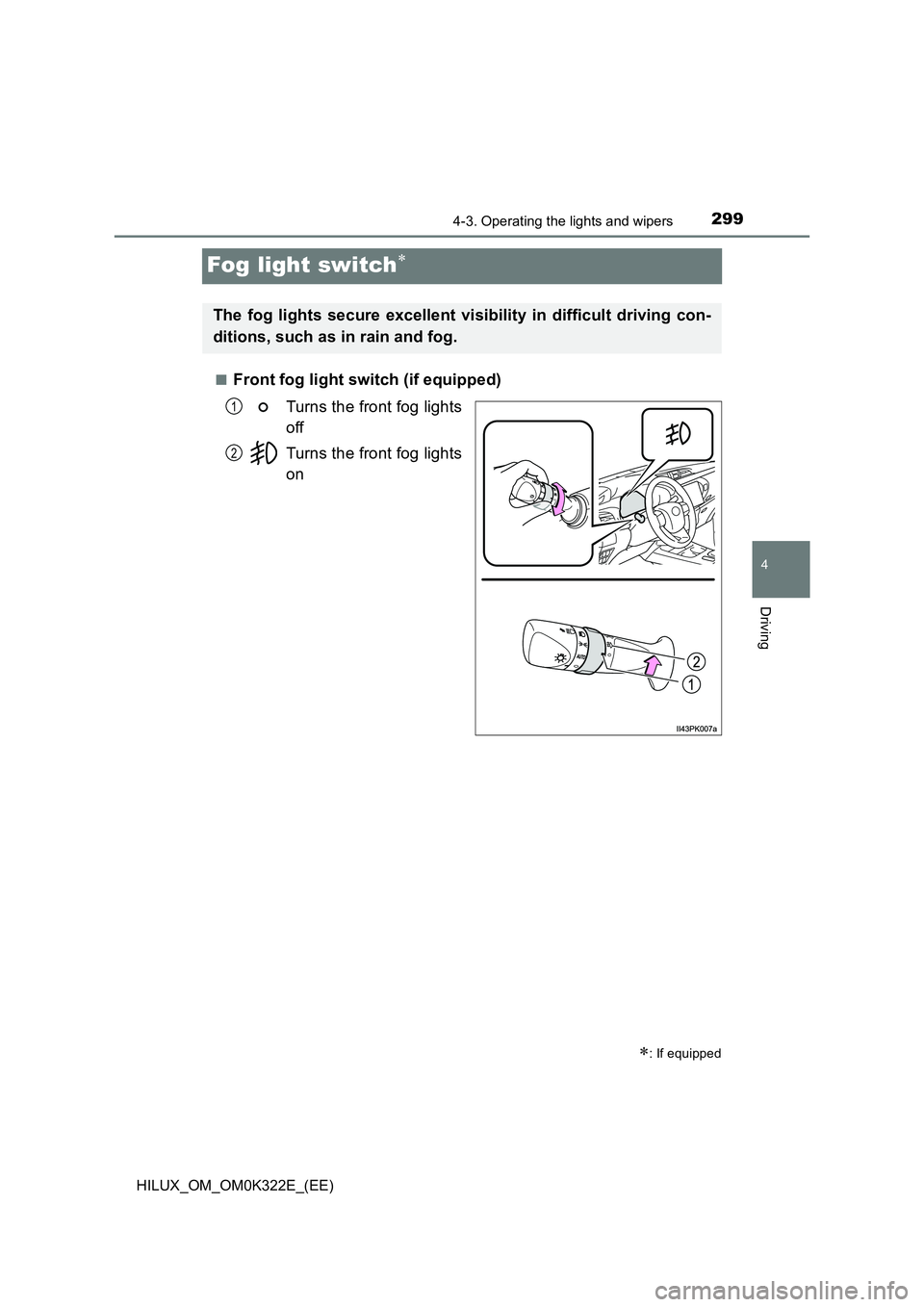 TOYOTA HILUX 2017  Owners Manual (in English) 299
4
4-3. Operating the lights and wipers
Driving
HILUX_OM_OM0K322E_(EE)
Fog light switch
■Front fog light switch (if equipped) 
Turns the front fog lights 
off 
Turns the front fog lights 
on
