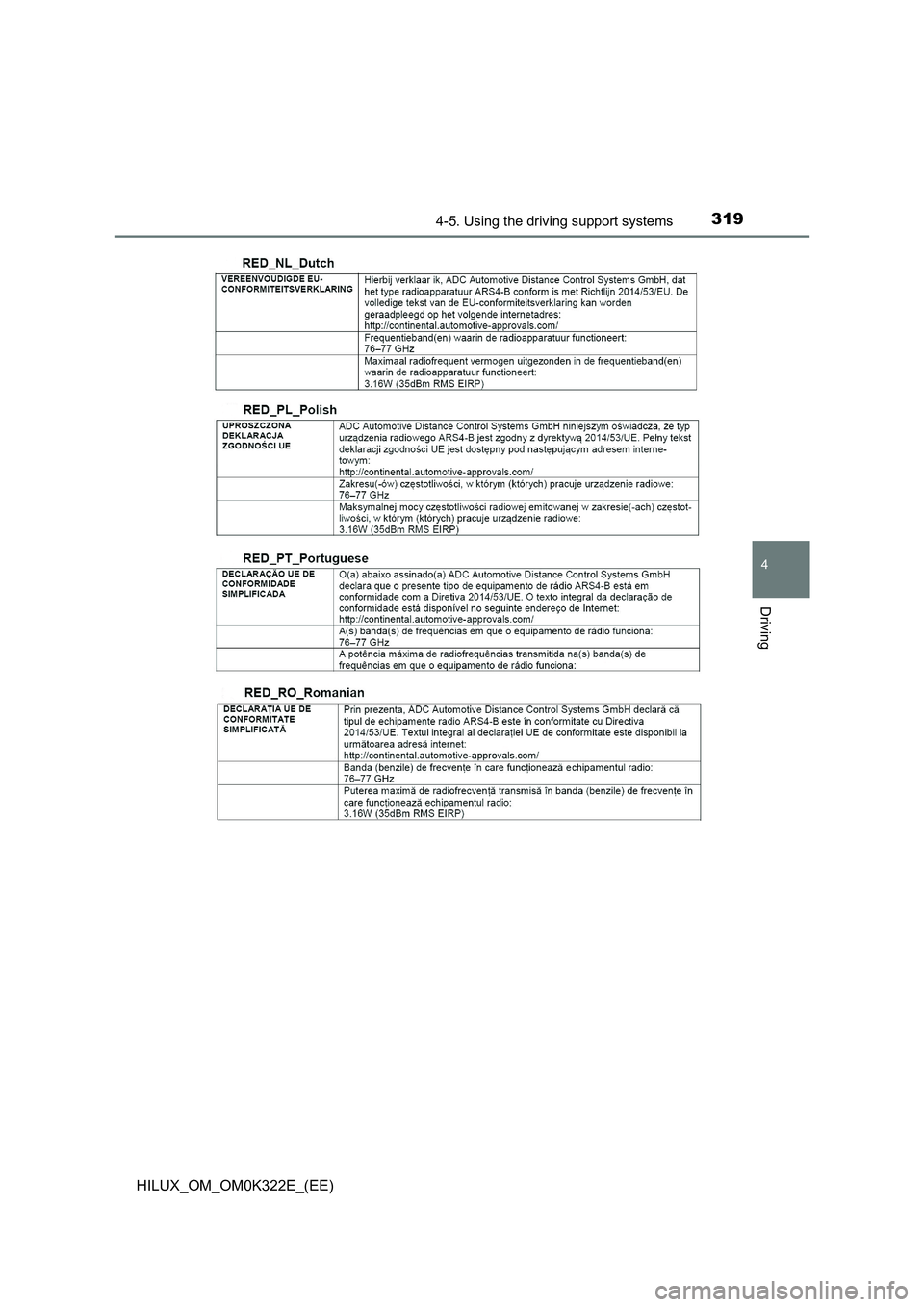 TOYOTA HILUX 2017  Owners Manual (in English) 3194-5. Using the driving support systems
4
Driving
HILUX_OM_OM0K322E_(EE) 