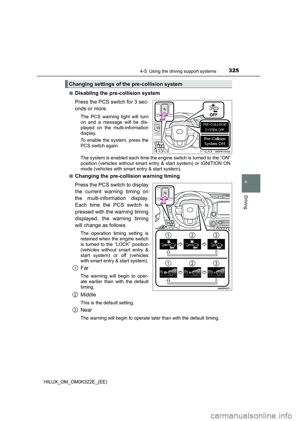 TOYOTA HILUX 2017 Owners Manual (in English) 3254-5. Using the driving support systems
4
Driving
HILUX_OM_OM0K322E_(EE)
■Disabling the pre-collision system
Press the PCS switch for 3 sec-
onds or more.
The PCS warning light will turn
on an TOYOTA HILUX 2017 Owners Manual (in English) 3254-5. Using the driving support systems
4
Driving
HILUX_OM_OM0K322E_(EE)
■Disabling the pre-collision system
Press the PCS switch for 3 sec-
onds or more.
The PCS warning light will turn
on an