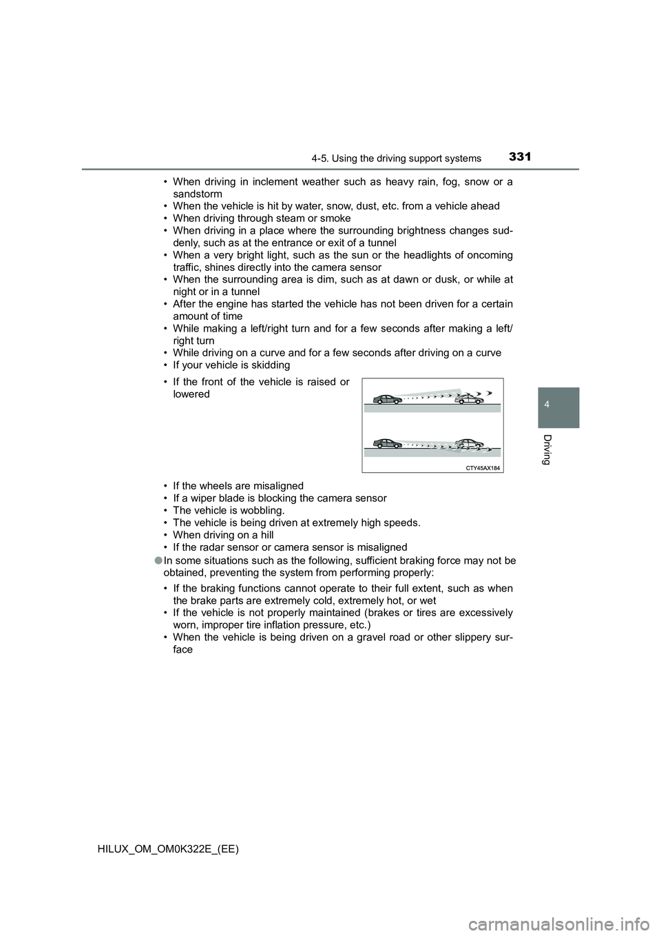 TOYOTA HILUX 2017 Owners Manual (in English) 3314-5. Using the driving support systems
4
Driving
HILUX_OM_OM0K322E_(EE)
• When driving in inclement weather such as heavy rain, fog, snow or a
sandstorm
• When the vehicle is hit by water, s TOYOTA HILUX 2017 Owners Manual (in English) 3314-5. Using the driving support systems
4
Driving
HILUX_OM_OM0K322E_(EE)
• When driving in inclement weather such as heavy rain, fog, snow or a
sandstorm
• When the vehicle is hit by water, s