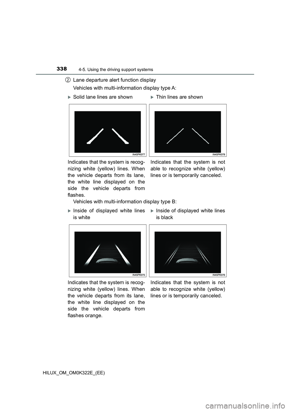 TOYOTA HILUX 2017  Owners Manual (in English) 3384-5. Using the driving support systems
HILUX_OM_OM0K322E_(EE)
Lane departure alert function display 
Vehicles with multi-information display type A: 
Vehicles with multi-information display type B: