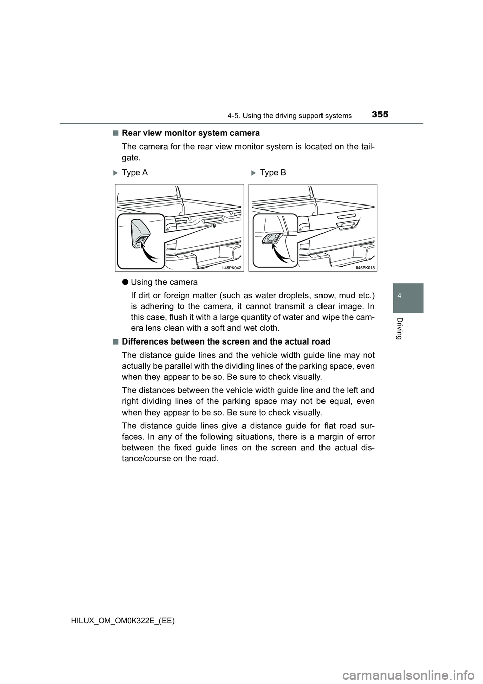 TOYOTA HILUX 2017 Owners Manual (in English) 3554-5. Using the driving support systems
4
Driving
HILUX_OM_OM0K322E_(EE)
■Rear view monitor system camera
The camera for the rear view monitor system is located on the tail-
gate.
● Using th TOYOTA HILUX 2017 Owners Manual (in English) 3554-5. Using the driving support systems
4
Driving
HILUX_OM_OM0K322E_(EE)
■Rear view monitor system camera
The camera for the rear view monitor system is located on the tail-
gate.
● Using th